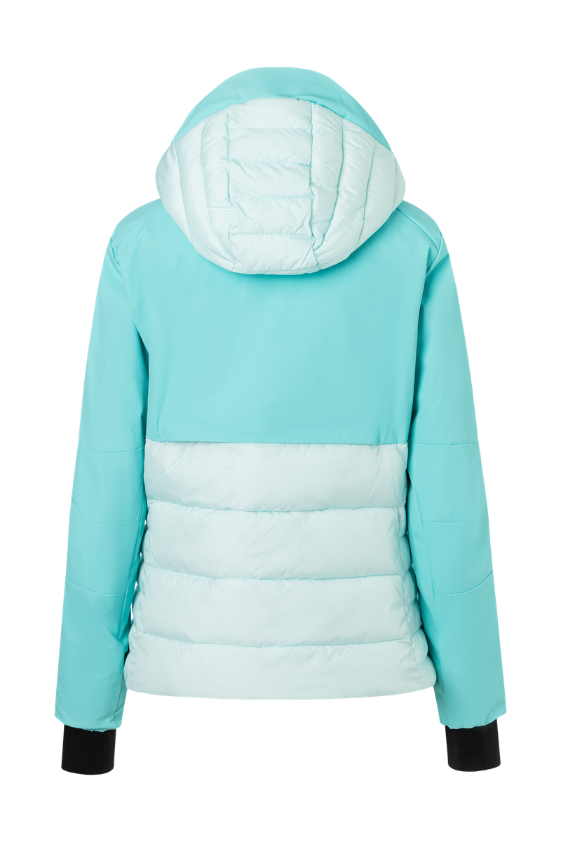 A light blue Bogner Fire + Ice Women's Janka 4 ski jacket that features a 20K waterproof and 20K breathable membrane, a premium 4-way stretch fabric, and a form-flattering fashionable silhouette.