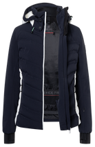 Bogner FIRE + ICE Janka4 Women's ski jacket in Deepest Navy with 4-way stretch, Thermore Ecodown insulation and detachable hood.