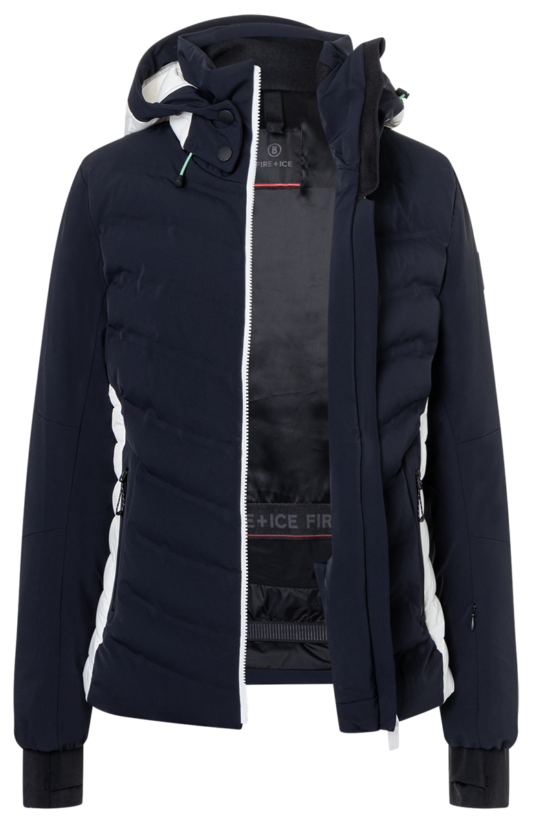 Bogner FIRE + ICE Janka4 Women's ski jacket in Deepest Navy with 4-way stretch, Thermore Ecodown insulation and detachable hood.