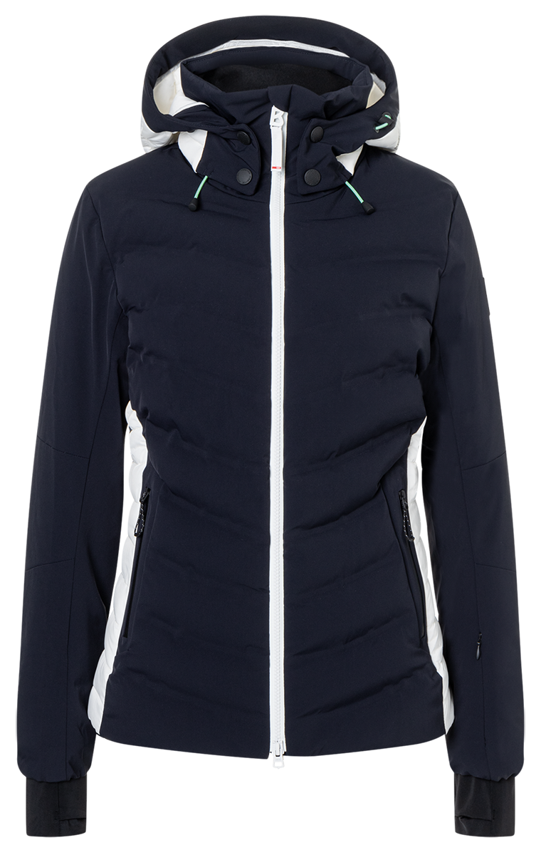 Bogner FIRE + ICE Janka4 Women's ski jacket in Deepest Navy with 4-way stretch, Thermore Ecodown insulation and detachable hood.