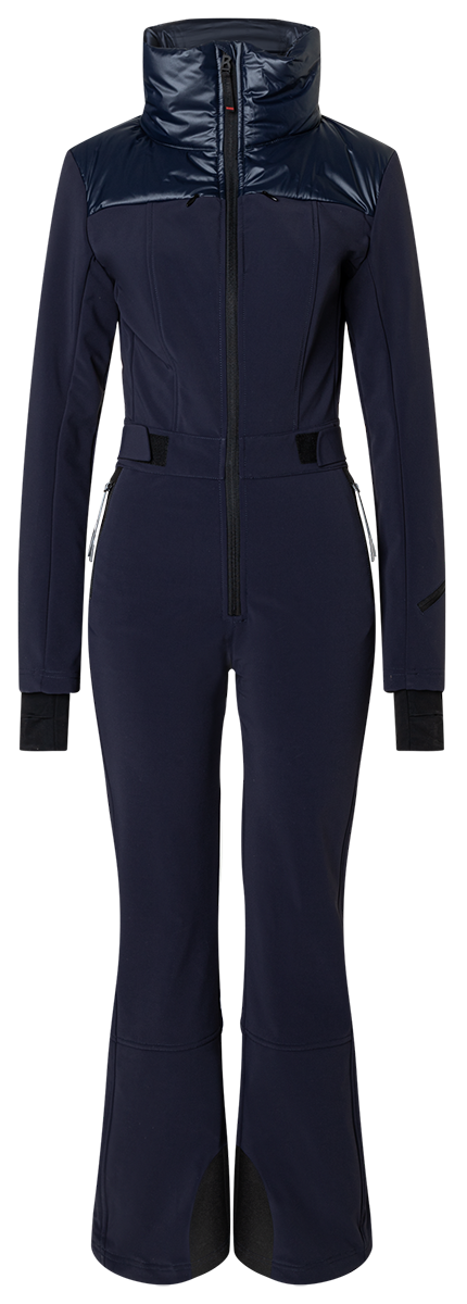 Bogner FIRE + ICE Zea Women's One Piece in Deepest Navy with 4-way stretch softshell, fleece lining and quilted panels.