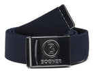 A navy-colored BOGNER GINO belt with a shiny silver clamp buckle featuring a filigree embossed logo.
