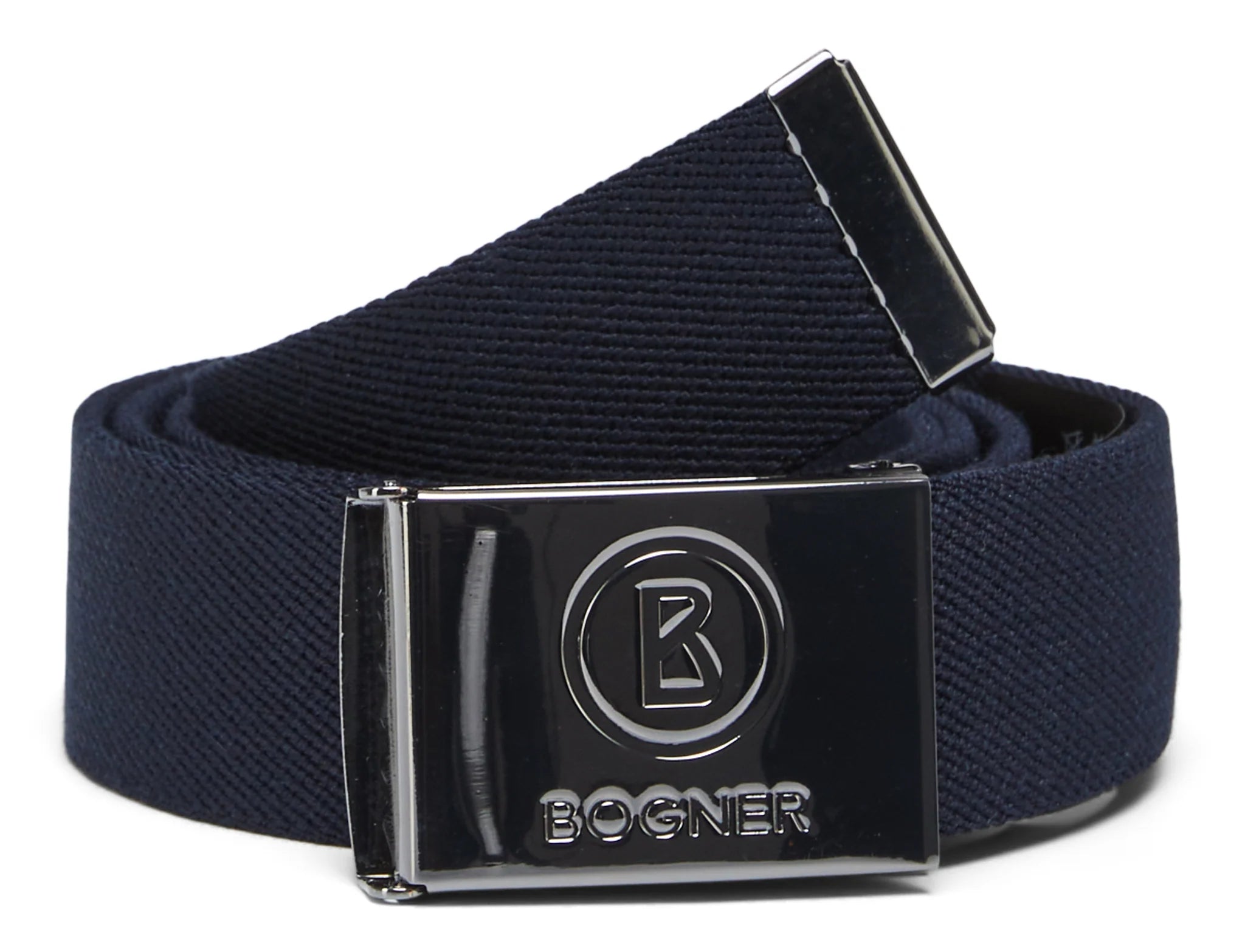 A navy-colored BOGNER GINO belt with a shiny silver clamp buckle featuring a filigree embossed logo.