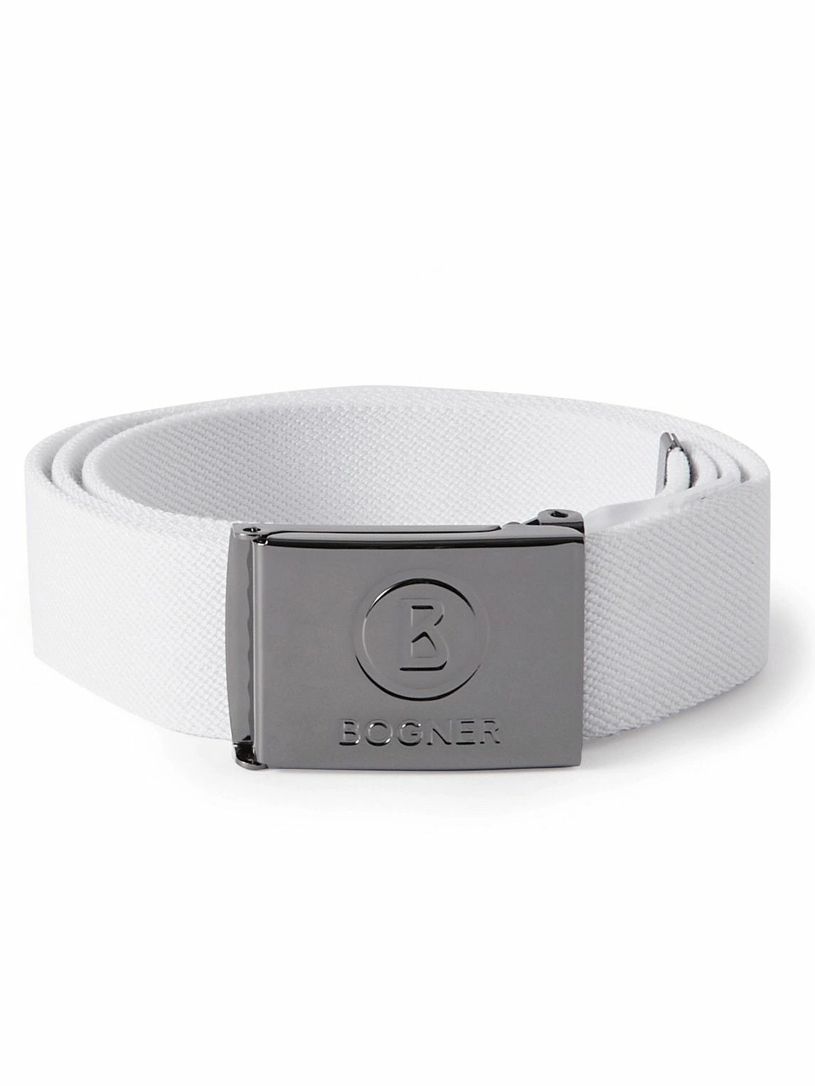 A white BOGNER GINO belt with a shiny silver clamp buckle featuring a filigree embossed logo.