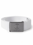 A white BOGNER GINO belt with a shiny silver clamp buckle featuring a filigree embossed logo.