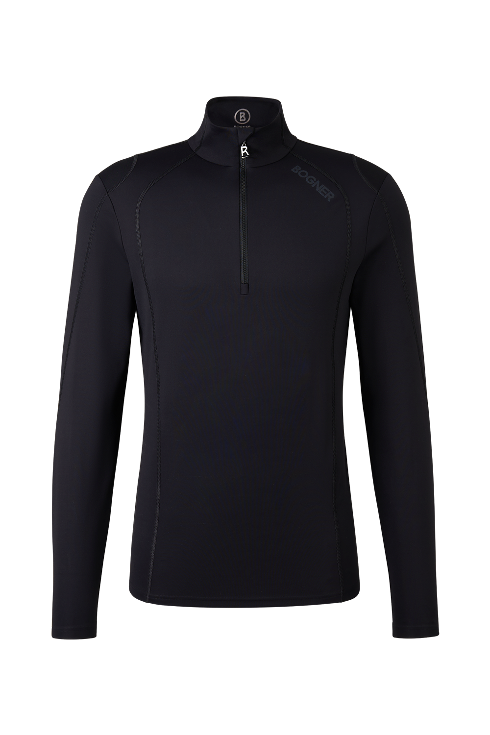 A black Bogner Men's Harry T-Neck sweater which features a quick drying, moisture-wickening, and stretchable technical fabric.