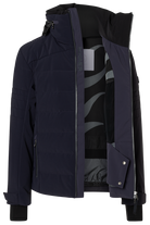 Bogner Men's Minho-D Ski Jacket in Navy with waterproof 4-way stretch softshell, down-blend insulation and integrated hood.