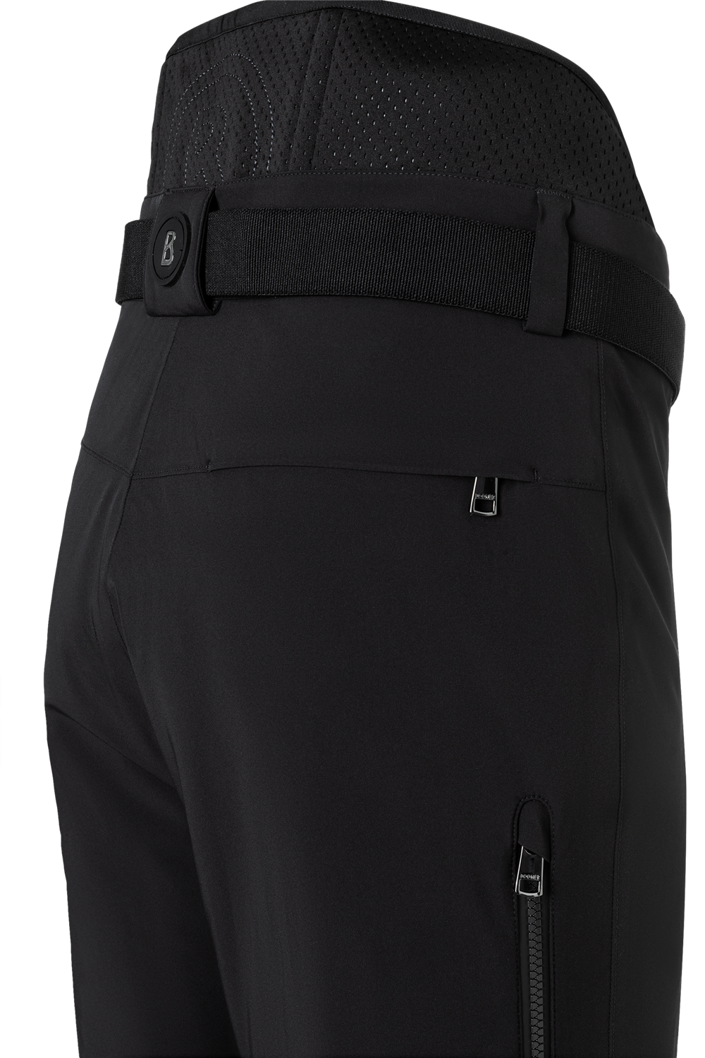 A pair of black Bogner Men's Thore Ski Pants that feature 20K waterproofing and breathability, made from luxurious 4-way stretch fabric in a flattering, fashionable silhouette.