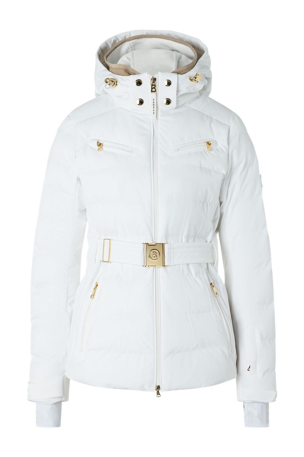 A white Bogner Women's Ellya Ski Jacket that features 20K waterproofing and breathability, is made from a luxurious 4-way stretch fabric, and offers a fashionable form-fitting silhouette with gold metal accents.