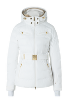 A white Bogner Women's Ellya Ski Jacket that features 20K waterproofing and breathability, is made from a luxurious 4-way stretch fabric, and offers a fashionable form-fitting silhouette with gold metal accents.