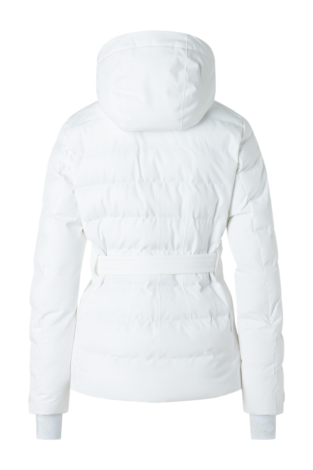 A white Bogner Women's Ellya Ski Jacket that features 20K waterproofing and breathability, is made from a luxurious 4-way stretch fabric, and offers a fashionable form-fitting silhouette with gold metal accents.