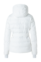 A white Bogner Women's Ellya Ski Jacket that features 20K waterproofing and breathability, is made from a luxurious 4-way stretch fabric, and offers a fashionable form-fitting silhouette with gold metal accents.