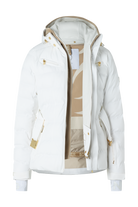A white Bogner Women's Ellya Ski Jacket that features 20K waterproofing and breathability, is made from a luxurious 4-way stretch fabric, and offers a fashionable form-fitting silhouette with gold metal accents.