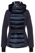 Bogner Women's Elva Ski Jacket in Navy with 4-way stretch fabric, Comfortemp insulation, belted waist and detachable hood.