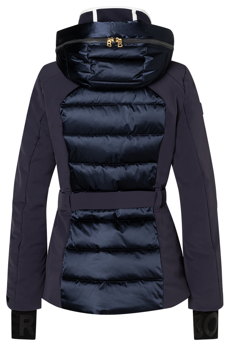 Bogner Women's Elva Ski Jacket in Navy with 4-way stretch fabric, Comfortemp insulation, belted waist and detachable hood.