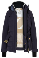 Bogner Women's Elva Ski Jacket in Navy with 4-way stretch fabric, Comfortemp insulation, belted waist and detachable hood.