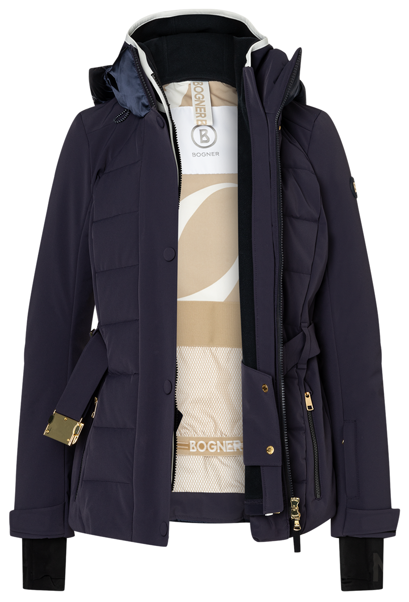 Bogner Women's Elva Ski Jacket in Navy with 4-way stretch fabric, Comfortemp insulation, belted waist and detachable hood.