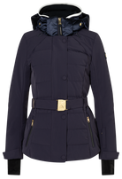 Bogner Women's Elva Ski Jacket in Navy with 4-way stretch fabric, Comfortemp insulation, belted waist and detachable hood.