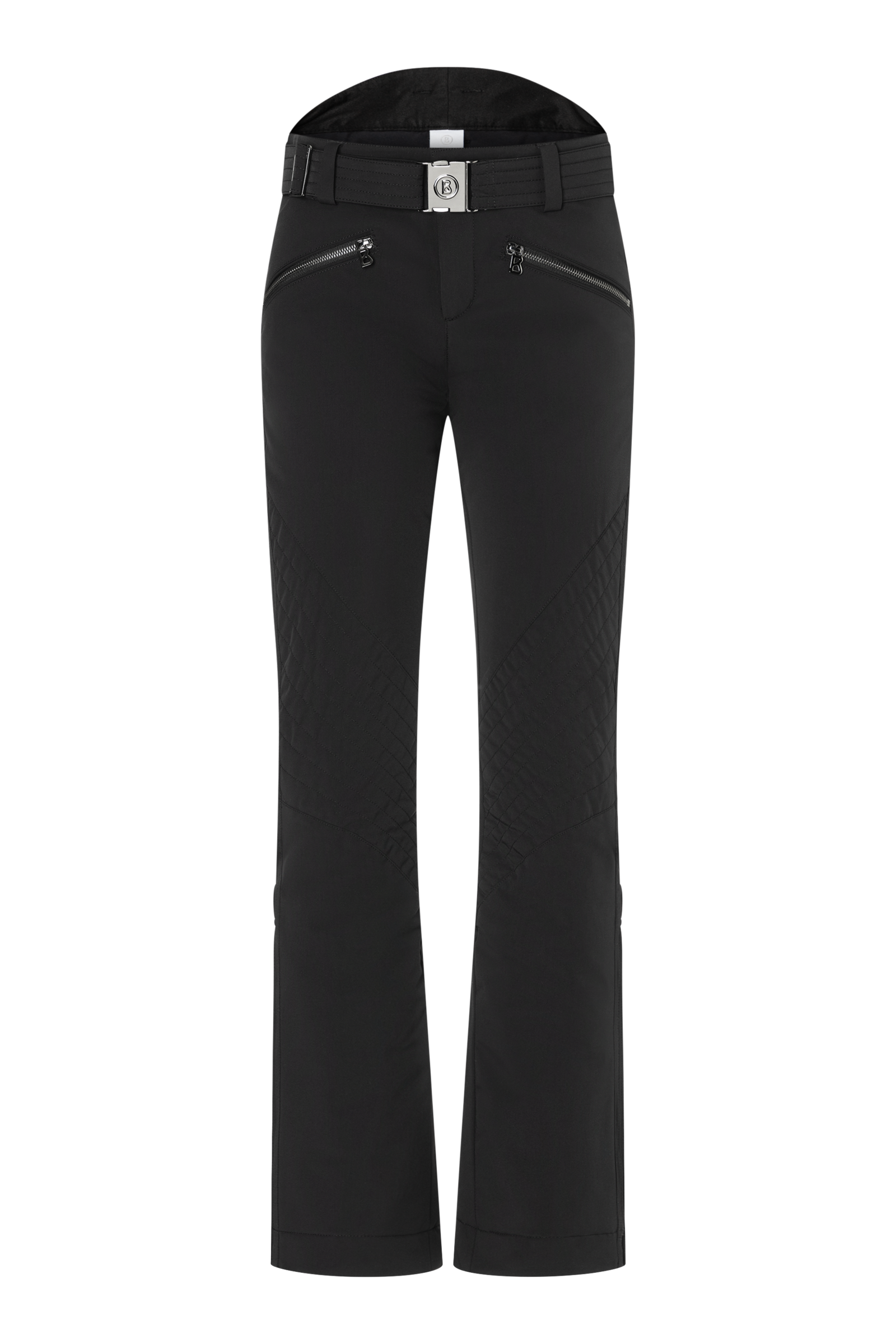 A pair of black Bogner Women's Fraenzi ski pants which features 20K waterproofing and breathability, premium 4-way stretch fabric, and a flattering, fashionable silhouette.