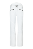 A pair of white Bogner Women's Fraenzi ski pants which features 20K waterproofing and breathability, premium 4-way stretch fabric, and a flattering, fashionable silhouette.