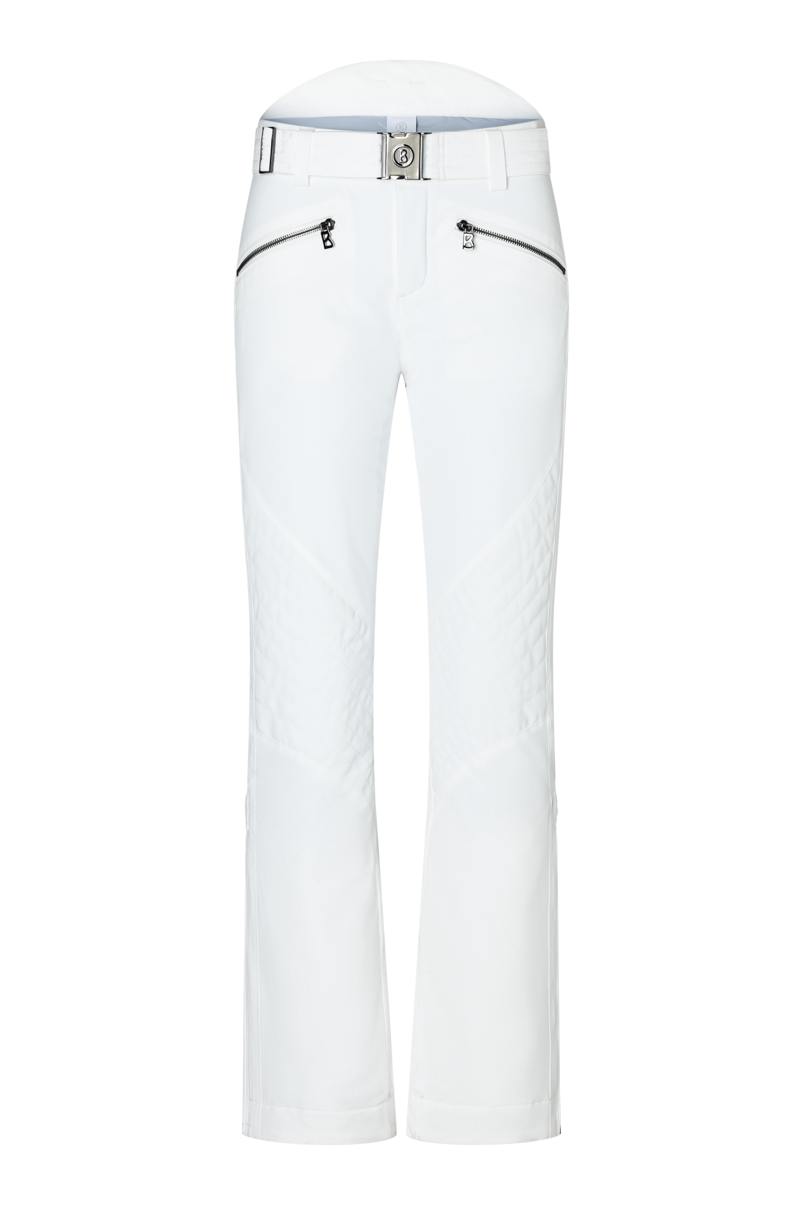 A pair of white Bogner Women's Fraenzi ski pants which features 20K waterproofing and breathability, premium 4-way stretch fabric, and a flattering, fashionable silhouette.