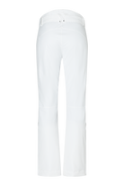 A pair of white Bogner Women's Fraenzi ski pants which features 20K waterproofing and breathability, premium 4-way stretch fabric, and a flattering, fashionable silhouette.