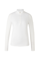 A white Bogner Women's Medita T-Neck sweater that features quick-drying, moisture-wicking, stretchable technical fabric in a slimming, fashionable silhouette.