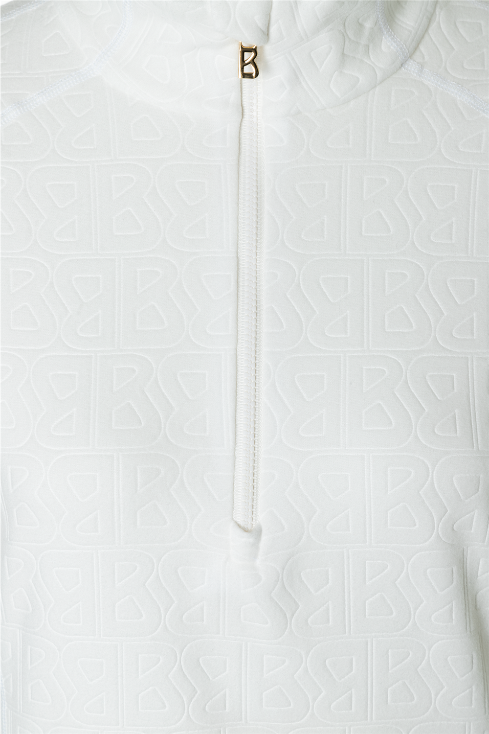 A white Bogner Women's Medita T-Neck sweater that features quick-drying, moisture-wicking, stretchable technical fabric in a slimming, fashionable silhouette.