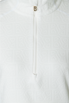 A white Bogner Women's Medita T-Neck sweater that features quick-drying, moisture-wicking, stretchable technical fabric in a slimming, fashionable silhouette.