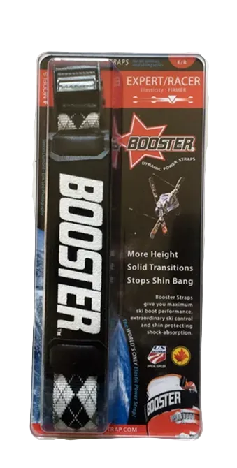 Booster Strap Expert/Race showing three-band stiff elastomeric stretch webbing, heavy-duty metal cam buckle with micro-adjustable teeth, and reinforced stitched anchor loop.