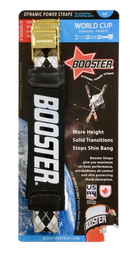 Booster Strap World Cup showing three-band reinforced elastomeric stretch webbing with integrated plastic stiffening shunt, heavy-duty metal cam buckle with micro-adjustable teeth, and reinforced stitched anchor loop.