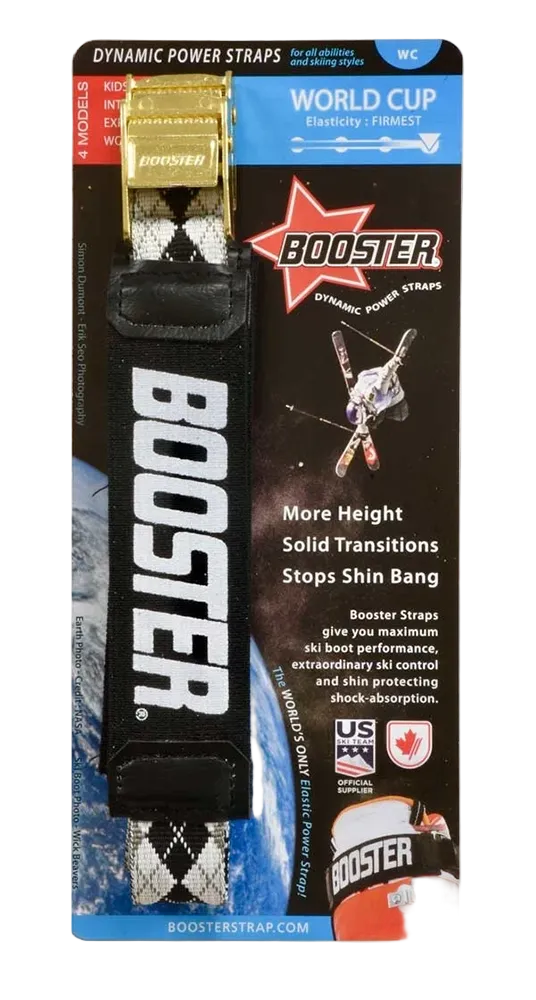 Booster Strap World Cup showing three-band reinforced elastomeric stretch webbing with integrated plastic stiffening shunt, heavy-duty metal cam buckle with micro-adjustable teeth, and reinforced stitched anchor loop.