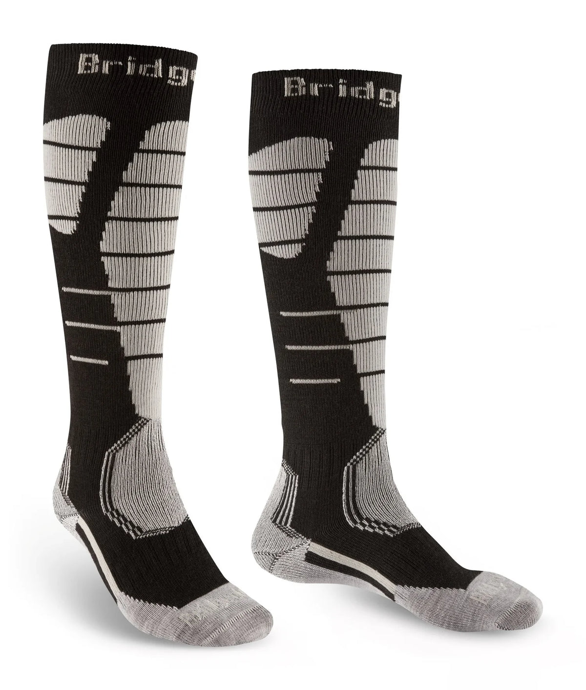 Bridgedale Men's Ski Easy On Merino Endurance Over Calf sock in Black/Grey with MerinoFusion technology and easy-on construction.