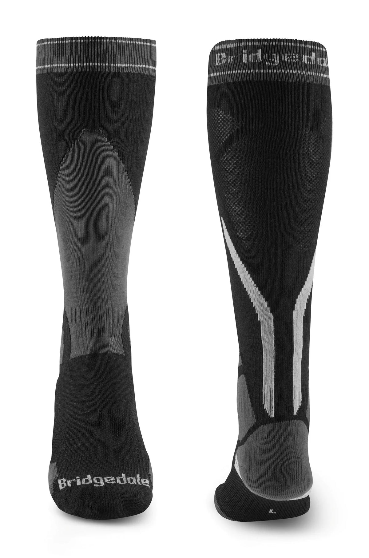 Bridgedale Men's Ski Lightweight Merino Performance Over Calf sock in Black/Grey with MerinoFusion construction and targeted cushioning.