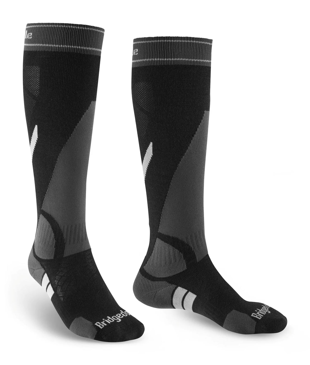 Bridgedale Men's Ski Lightweight Merino Performance Over Calf sock in Black/Grey with MerinoFusion construction and targeted cushioning.