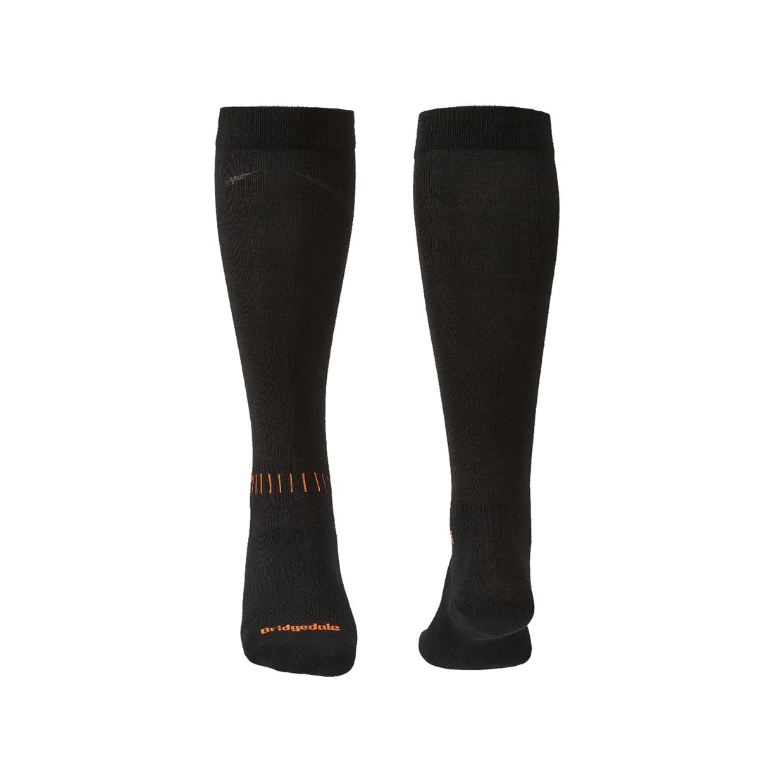 Bridgedale Men's Ski Race Performance Over Calf sock in Black/Orange with ultra-thin, low-bulk construction for a precise ski boot fit.