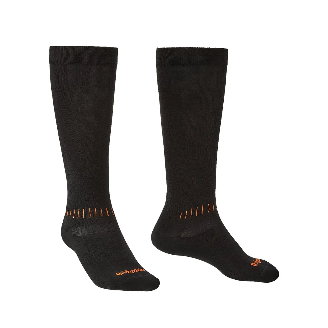 Bridgedale Men's Ski Race Performance Over Calf sock in Black/Orange with ultra-thin, low-bulk construction for a precise ski boot fit.