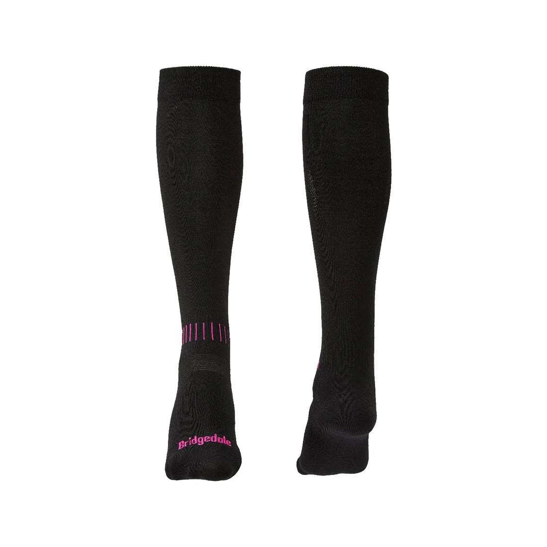 Bridgedale Women's Ski Race Performance Over Calf sock in Black/Pink with ultra-thin, low-bulk construction for precise ski boot fit.