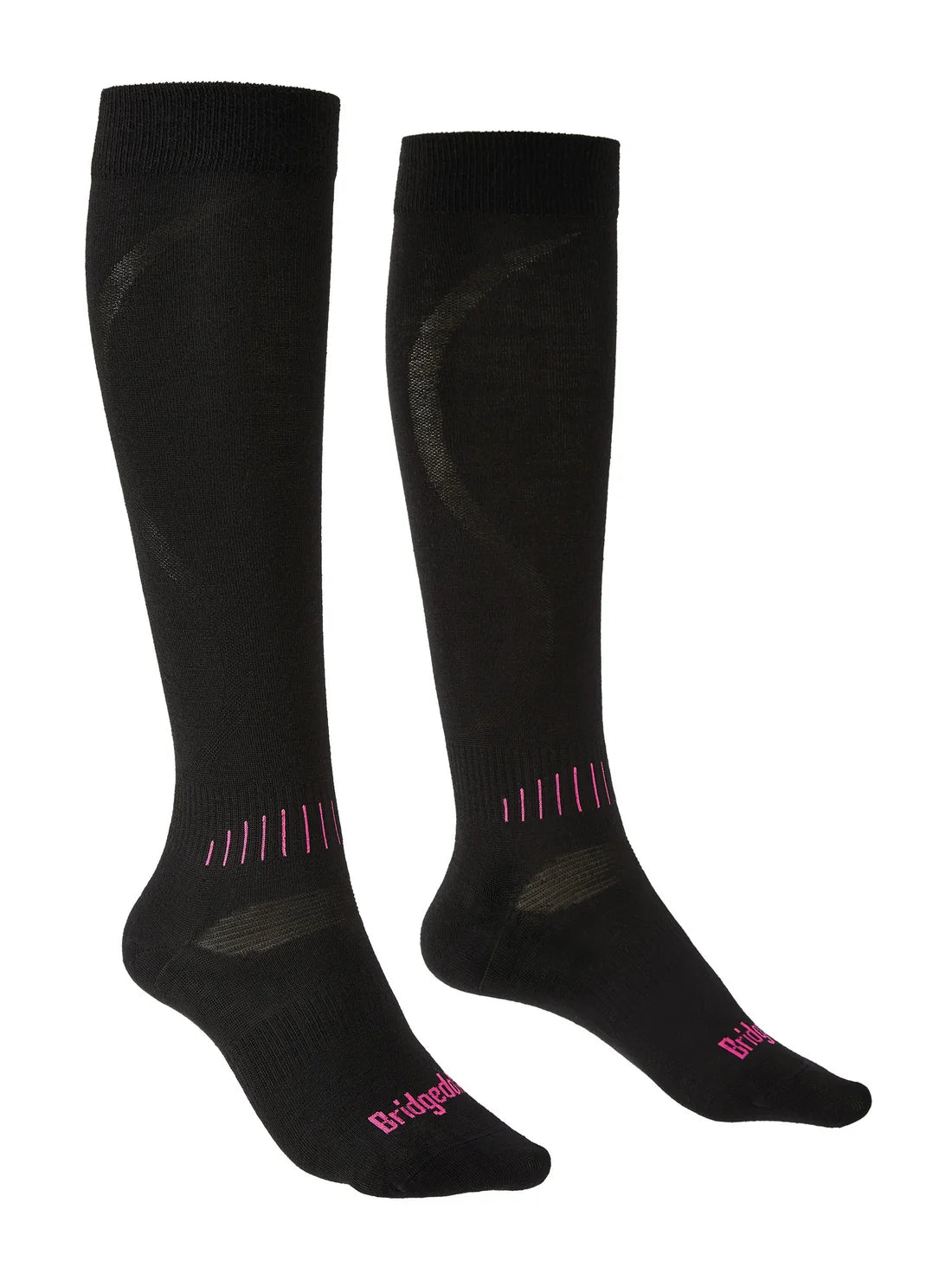 Bridgedale Women's Ski Race Performance Over Calf sock in Black/Pink with ultra-thin, low-bulk construction for precise ski boot fit.