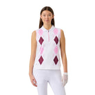 Woman wearing a Daily Sports sleeveless argyle pattern polo shirt on a white background