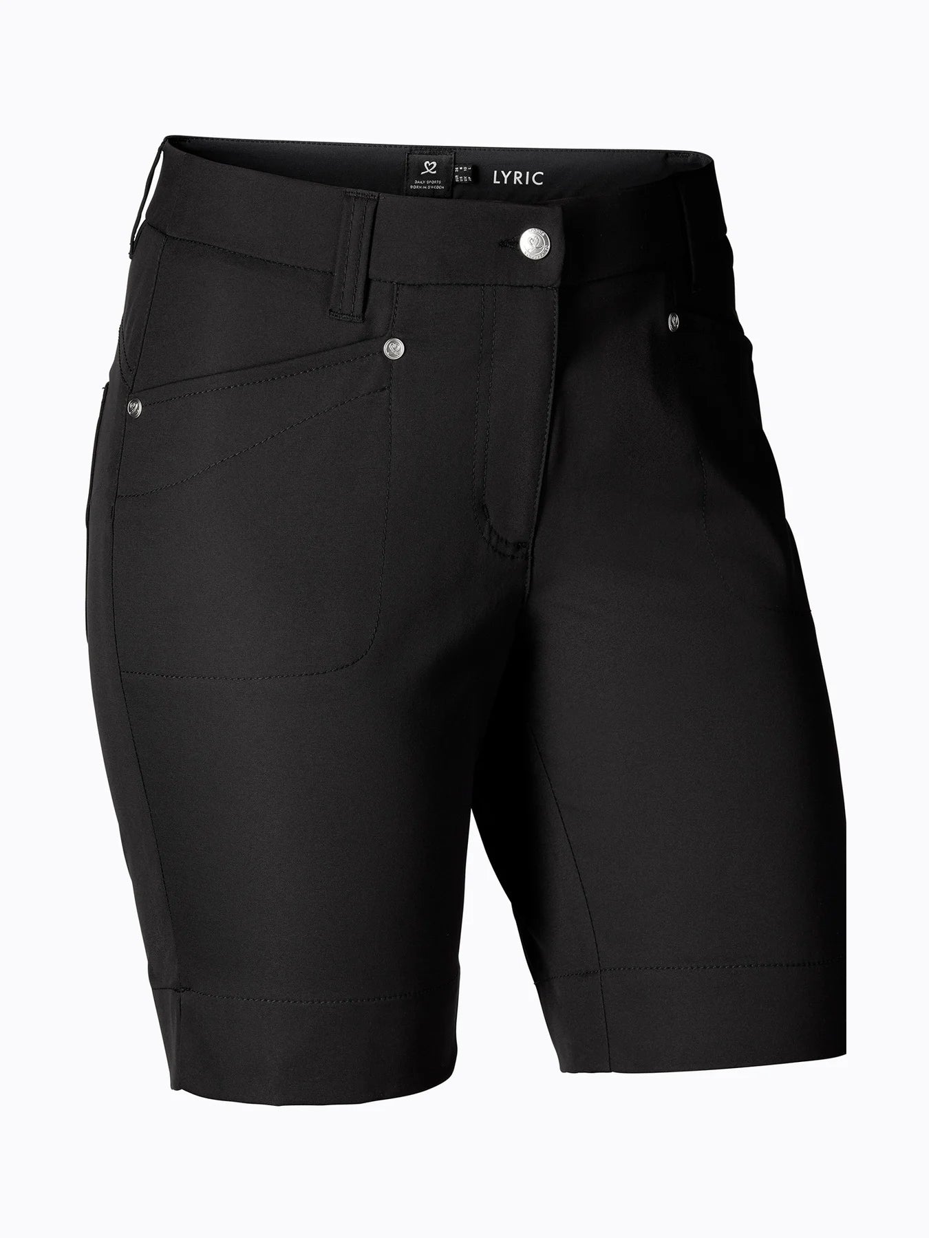 A pair of black Daily Sports Women's Lyric 19" Golf Shorts on a white background