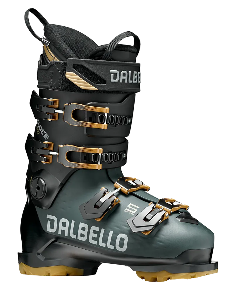 A Dalbello Men’s Veloce MV 110 Ski Boot featuring dual-injected PU shell, 100mm medium-volume last, 110 flex rating, Contour 5 anatomical shaping, MyFit shell system, and GripWalk soles.