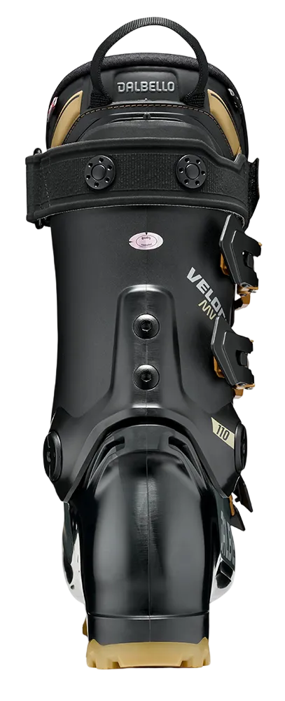 A Dalbello Men’s Veloce MV 110 Ski Boot featuring dual-injected PU shell, 100mm medium-volume last, 110 flex rating, Contour 5 anatomical shaping, MyFit shell system, and GripWalk soles.