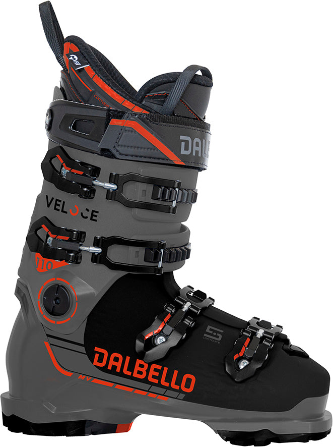 A grey, black, and red 2026 Dalbello Veloce 110 MV Ski Boot that features a medium-volume fit and GripWalk Soles.