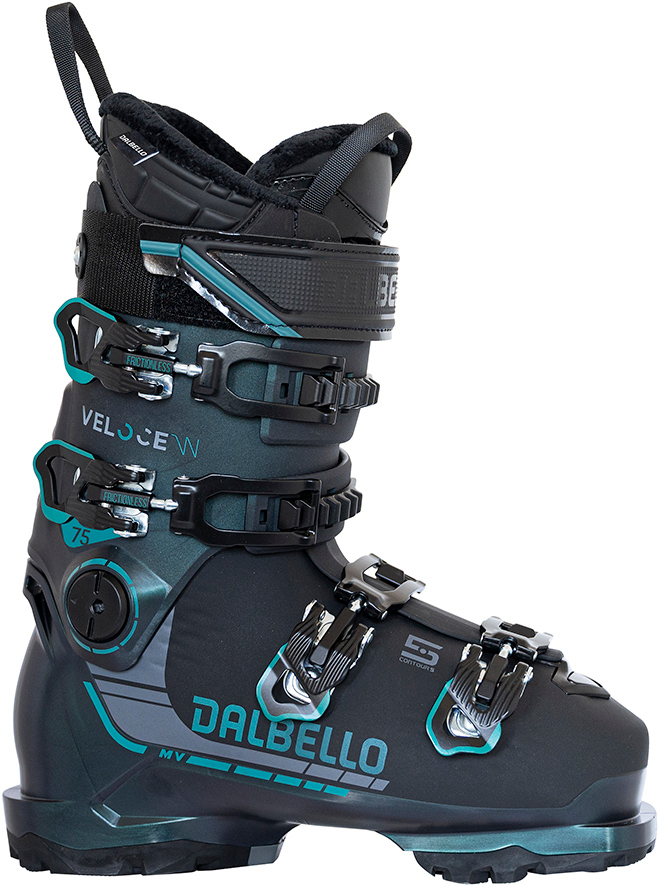 A grey, black, and teal 2026 Dalbello Veloce 75 MV W Ski Boot that features a medium-volume fit and GripWalk soles.