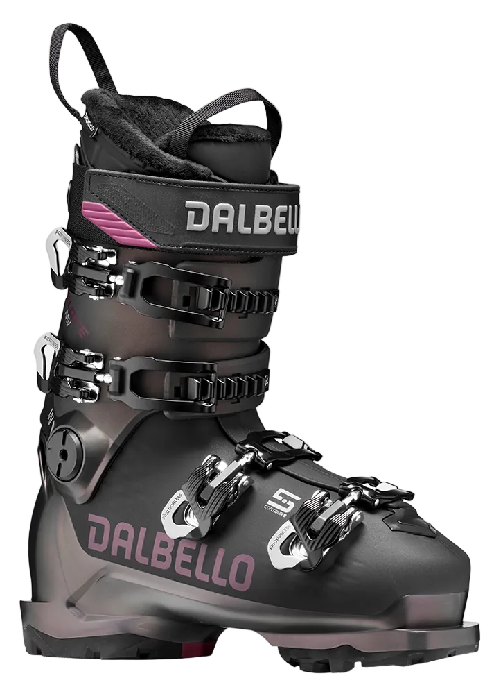 A Dalbello Women’s Veloce MV 75 Ski Boot featuring bi-injected PU shell, 100mm medium-volume last, 75 flex rating, Sport W insulated liner, MyFit shell system, and GripWalk soles.