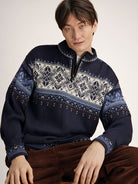 Dale of Norway Blyfjell Men's Knit Sweater in Navy, made from 100% Norwegian wool with a traditional Nordic pattern.
