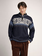 Dale of Norway Blyfjell Men's Knit Sweater in Navy, made from 100% Norwegian wool with a traditional Nordic pattern.