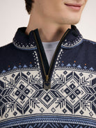 Dale of Norway Blyfjell Men's Knit Sweater in Navy, made from 100% Norwegian wool with a traditional Nordic pattern.