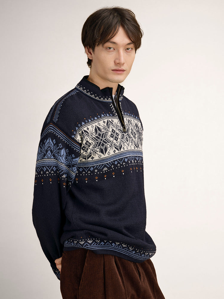 Dale of Norway Blyfjell Men's Knit Sweater in Navy, made from 100% Norwegian wool with a traditional Nordic pattern.